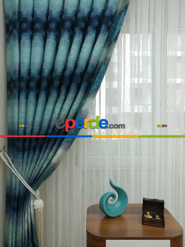 Salon Fon Perde - Fon Perde Turkuaz Damask Desenli(fon Demiri Hediyeli)- Turkuaz