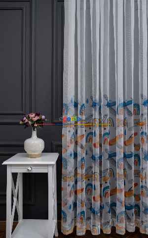 Hazır Ölçülü Petek Zemin Turuncu Ve Mavi Renkli Planör Uçak Desenli Grek Baskılı Tül Perde
