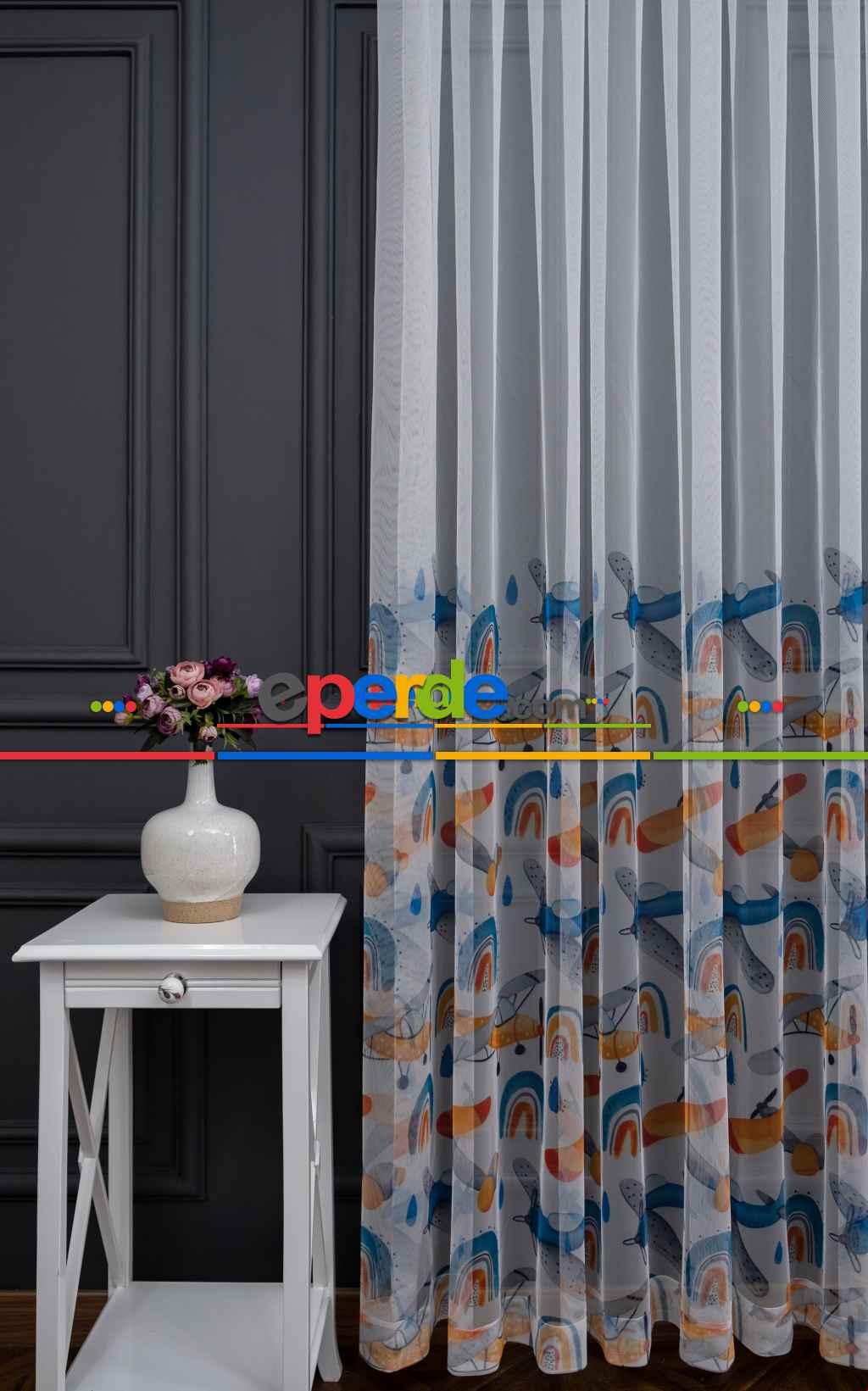 Hazır Ölçülü Petek Zemin Turuncu Ve Mavi Renkli Planör Uçak Desenli Grek Baskılı Tül Perde