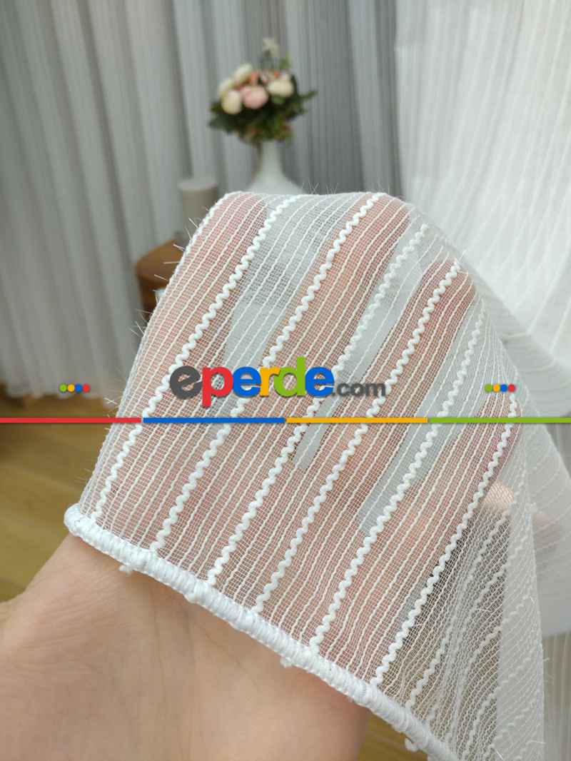 Boyuna Zincir Desenli Düz Tül Perde- Ekru - Kurşunlu Tül