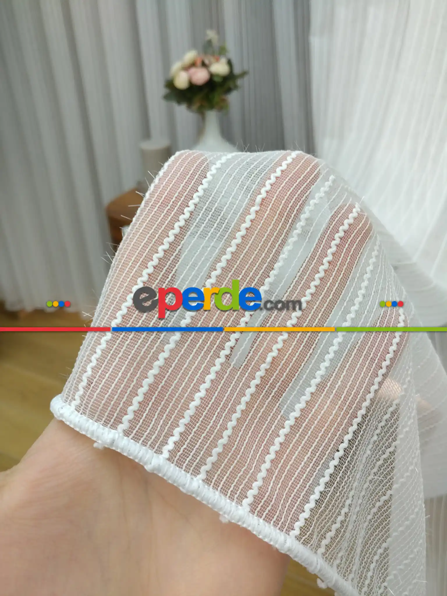 Salon Tül Perde - Boyuna Zincir Desenli Düz Tül Perde- Ekru