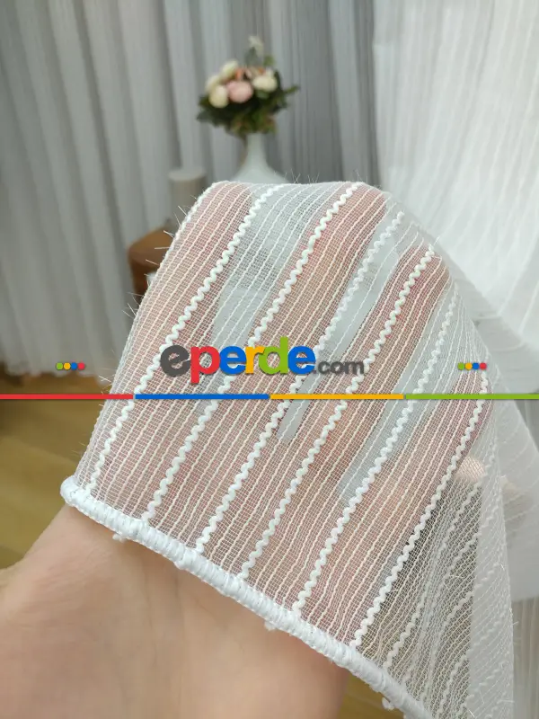 Salon Tül Perde - Boyuna Zincir Desenli Düz Tül Perde- Ekru