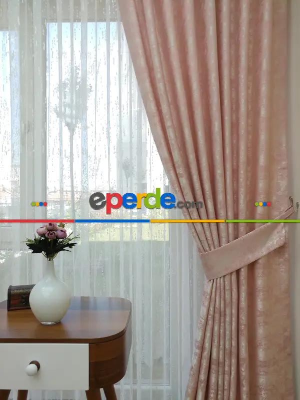 Patinedesenli Pudra - Katyonik Jakar Fon Perde- Pudra