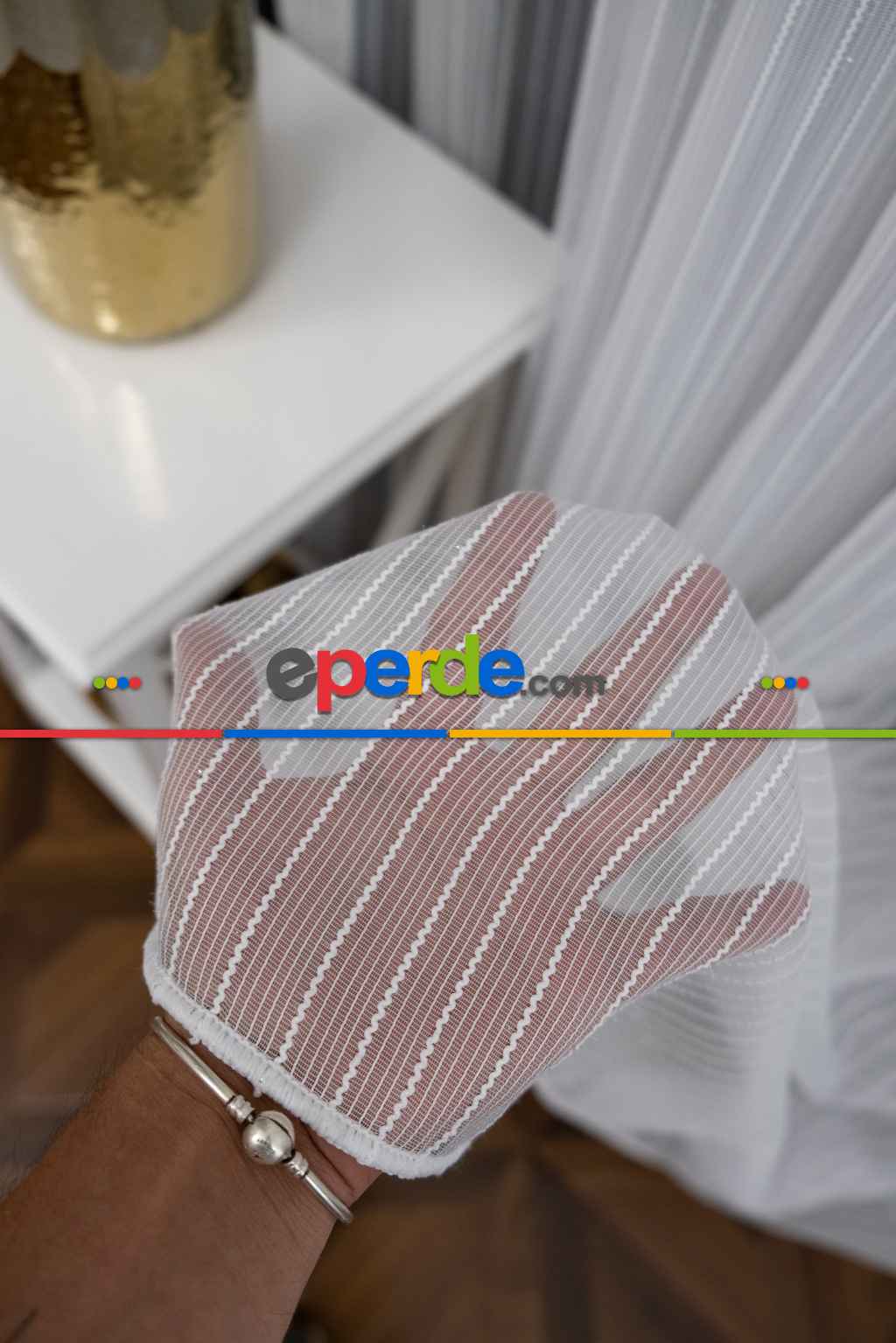 Yeni Trend Simli Çizgili Tül Perde-ekru- Kurşunlu Tül