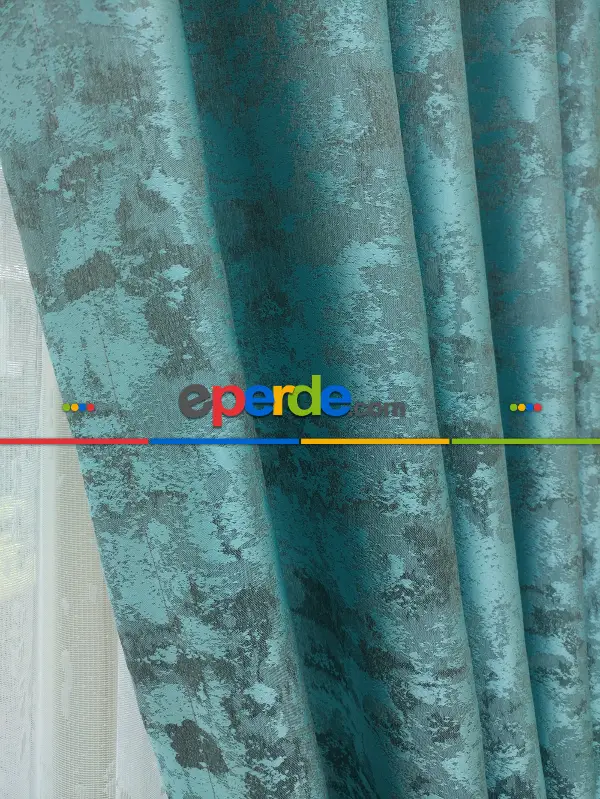 Patine Desenli Turkuaz - Katyonik Jakar Fon Perde- Turkuaz