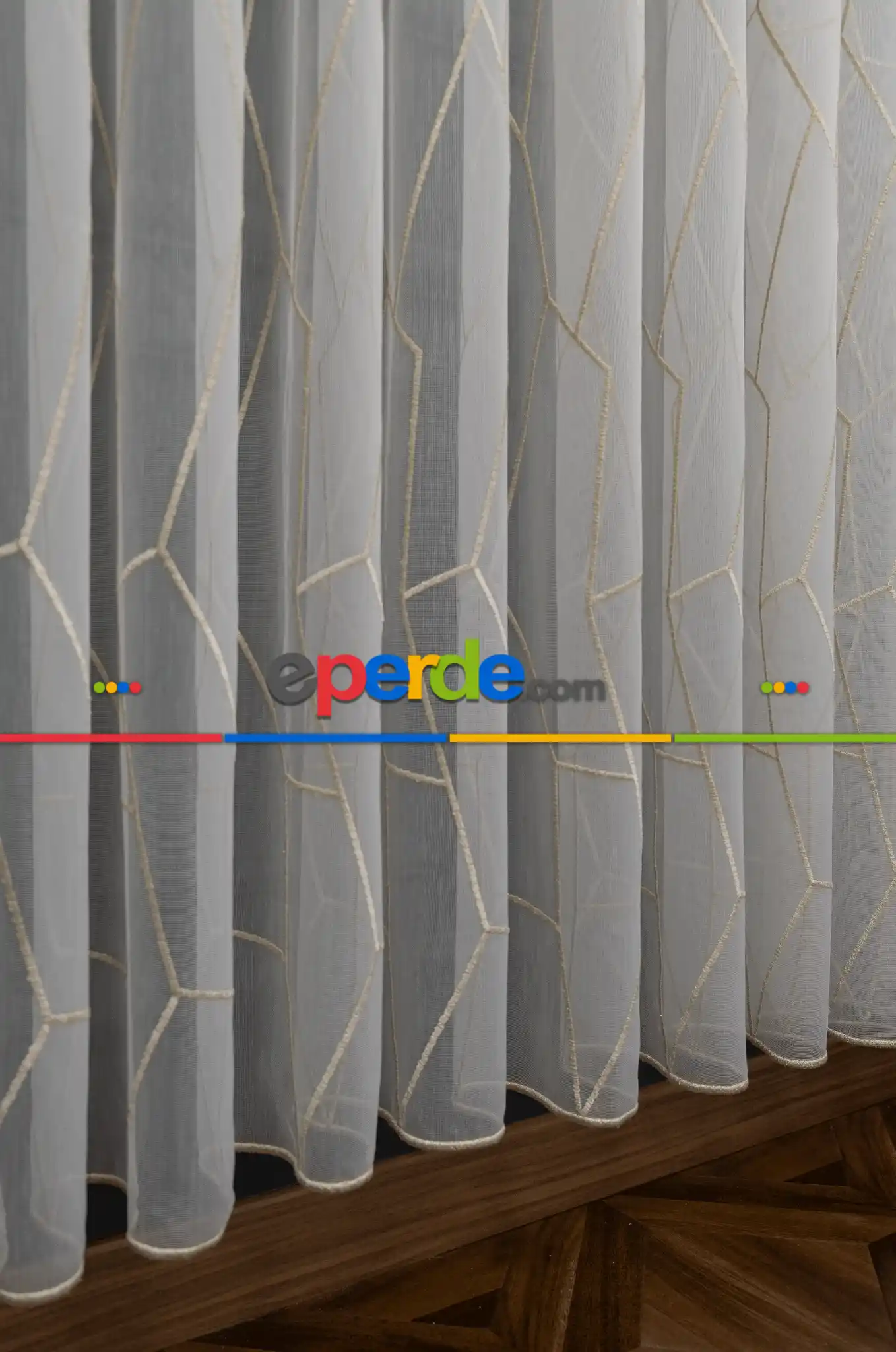 Salon - Geometrik Desenli Tül Perde - Ekru - Altın