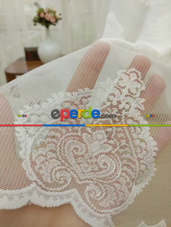 Damask Desenli Özel Örme Dokulu Tül Perde ( Hazır Ölçü 1/2.5 Normal Pile )- Ekru 200cm X 195cm 