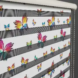 Renkli Kelebek Desen Baskılı Zebra Perde- Turkuaz-Pembe-Ekru
