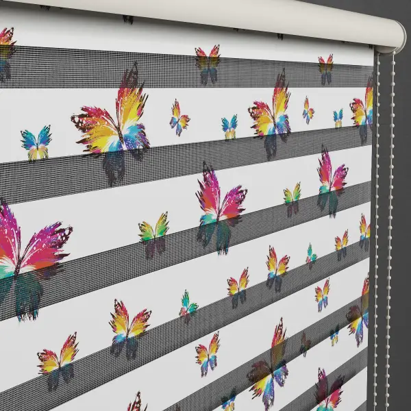 Renkli Kelebek Desen Baskılı Zebra Perde- Turkuaz-Pembe-Ekru