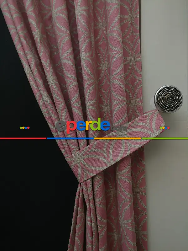 Dairesel Desenli Oturma Odası Fon Perde- Pembe Pudra Pembe