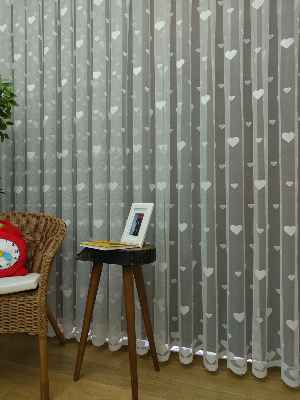 Çocuk Odası Tül Perde - Kalp Desen Örme Tül Perde- Ekru