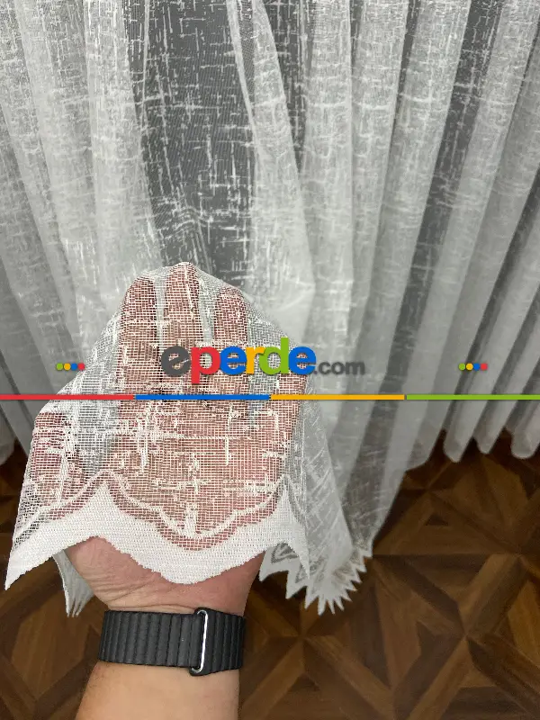 Tül Perde - Salon/Yatak Odası - Fransız Dantel 2025 - Spor Desenli Tül Perde - Ekru Açık Krem