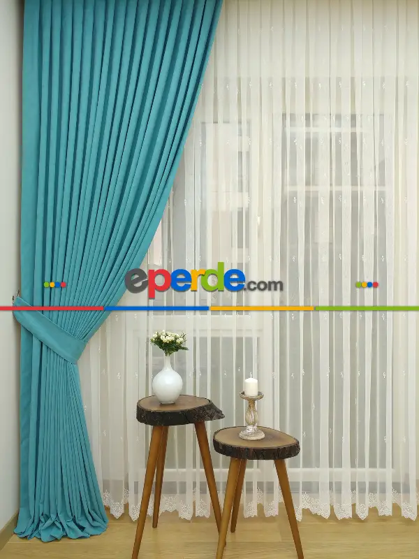 Açık Petrol Düz Sade Fon Perde Dökümlü ( Dökümlü Fon )- Petrol Mavisi