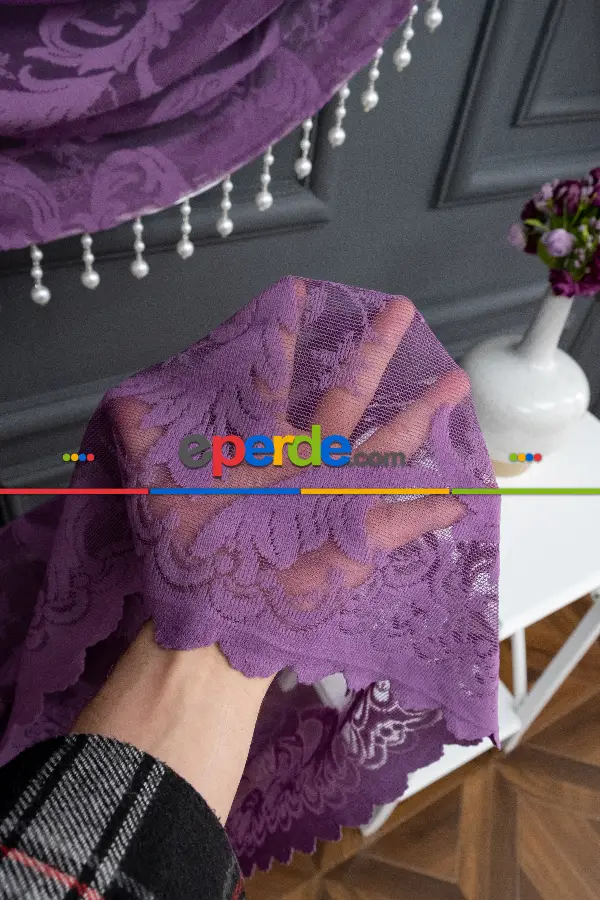 Mor Sarmaşık Desen Tül Kruvaze Şal Tül Perde Yanki Tül