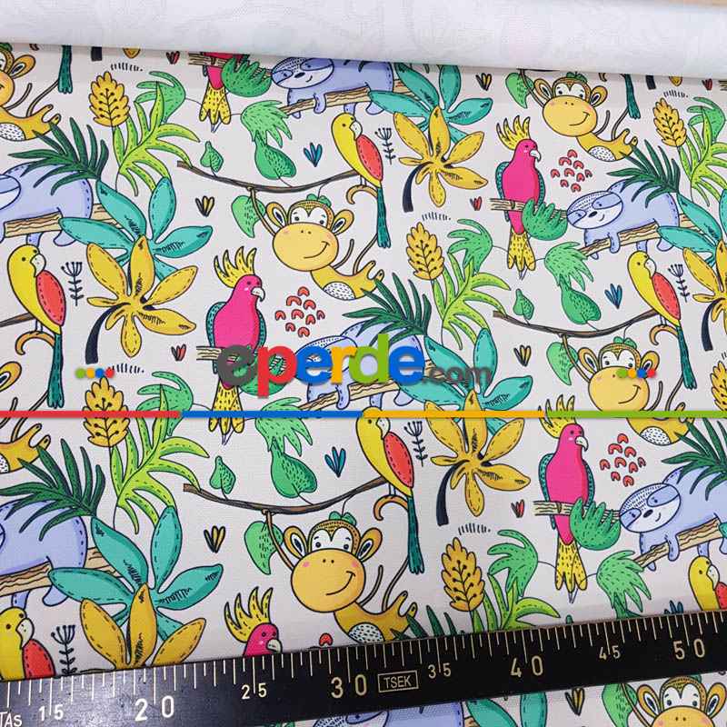 Tropikal Orman Desenli Fon Perde Evm688 Kumaşı Kalındır Duck Bezi Değildir- Yeşil-Beyaz