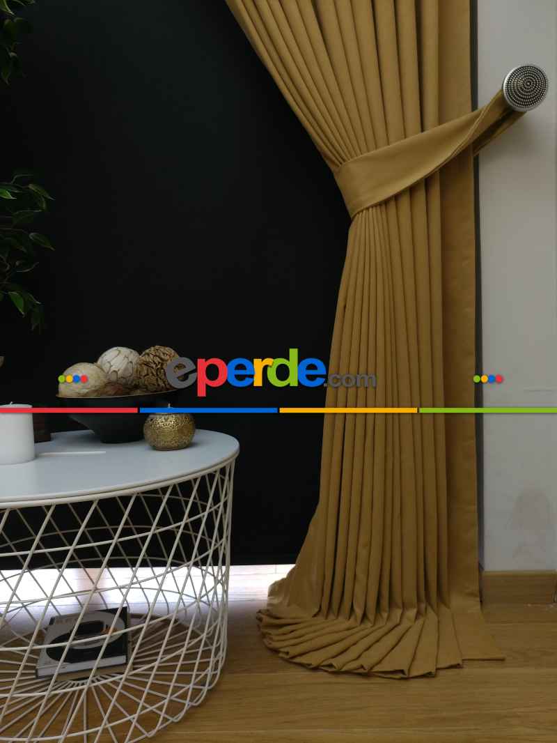 Düz Renk Dökümlü Fon Perde Bej Hardal(150)- Bej Hardal