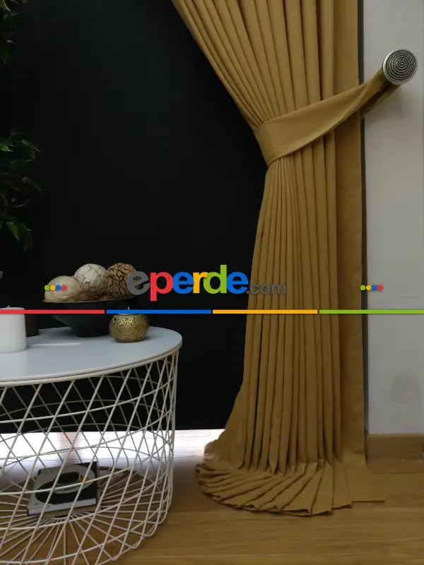 Düz Renk Dökümlü Fon Perde Bej Hardal(150)- Bej Hardal