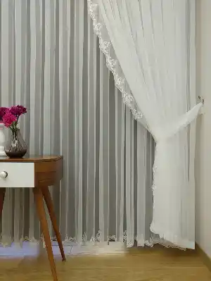 Fransız Dantel Tül Perde Salon Perdesi Etek Ucu Nakış (güpür) İşlemeli - 3- Ekru