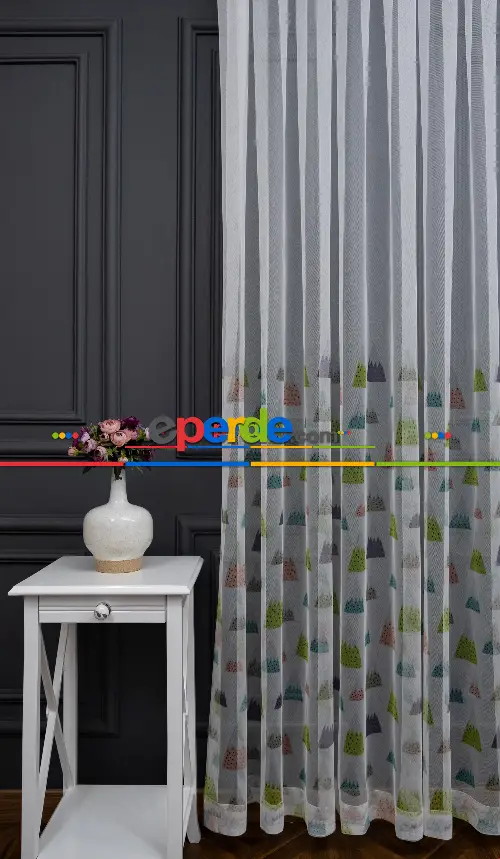 Hazır Ölçülü Petek Zemin Fıstık Yeşili Ve Açık Mavi Renkli Dağ Desenli Grek Baskılı Tül Perde 190cm X 255cm 
