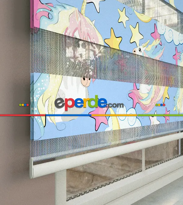 Unicorn Desenli Baskılı Zebra Perde- Çok Renkli