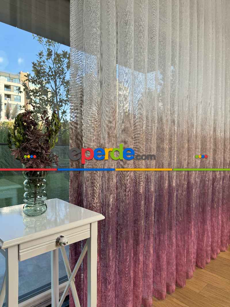 Pembe Kahverengi Degrade Geçişli Tül Perde, Fransız Örme Tül