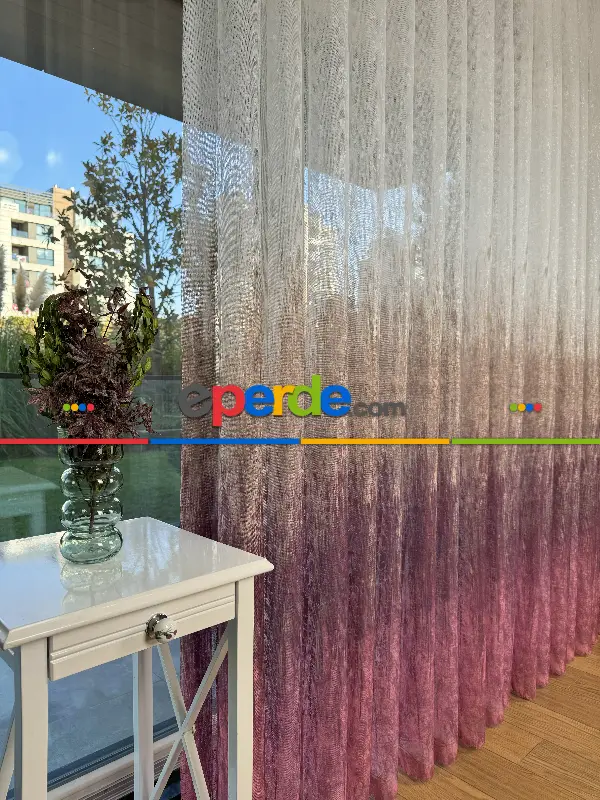 Salon - Pembe Kahverengi Degrade Geçişli Tül Perde, Fransız Örme Tül