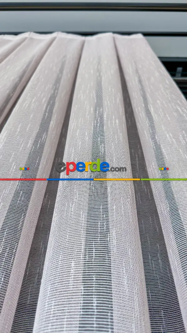 Bebek Odası Tül Perde - Pudra Pembe Çizgili Naturel Keten Düz Tül Perde - Premium Kalite Serisi, Eteği Kurşunlu Tül