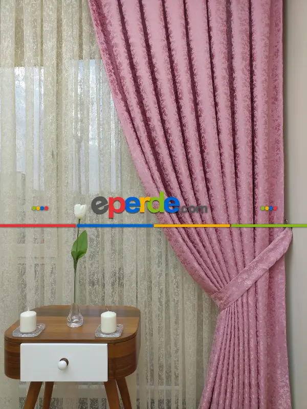 Pembe Rengi Kendinden Desenli Jakar Fon Perde (285 En)- Pembe Koyu