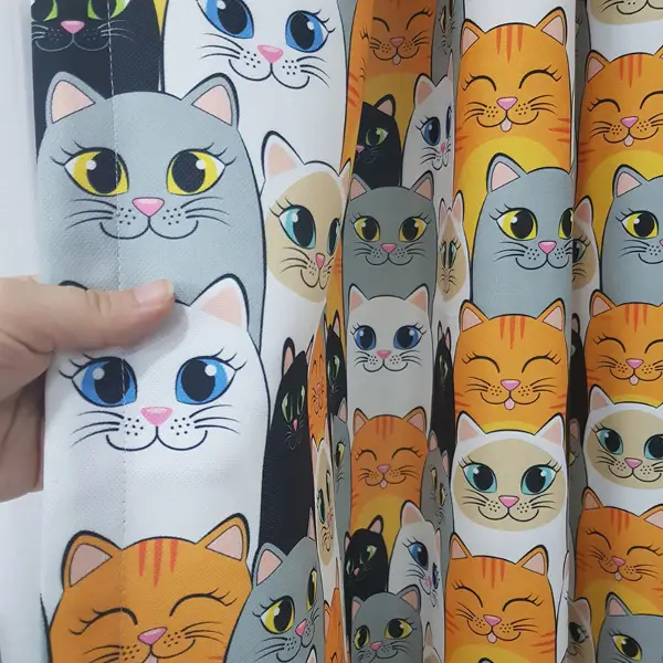 Bebek Odası Fon Perde - Kedi Baskılı Fon Perde- Siyah