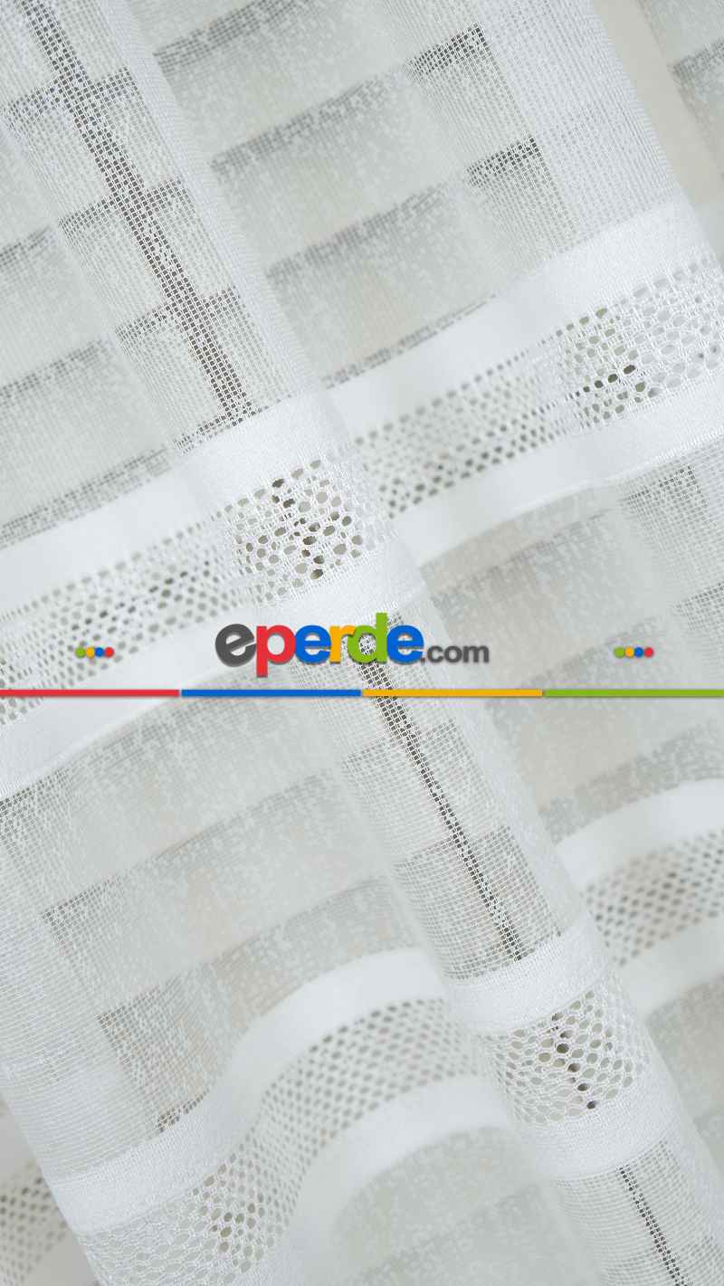 Ekru Çizgili Enine Bantlı Tül Perde, Ağır Gramajlı Premium Seri