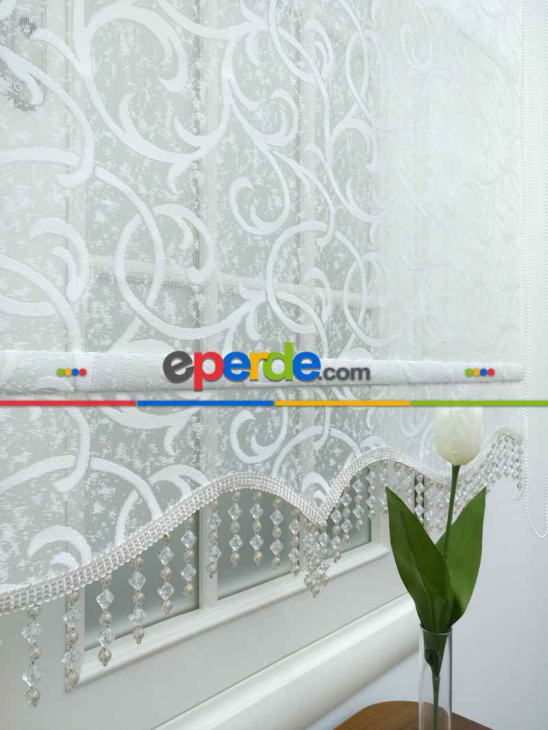 Yatak Odası - Jakar Örme Tül-dilay 801 Ekru Çiftli Sistem Dantel Desenli Perde- Ekru