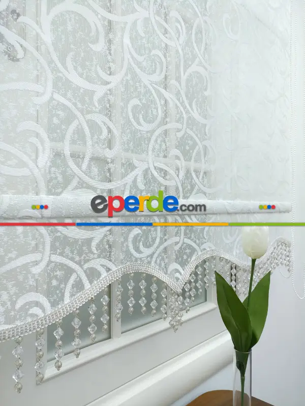 Jakar Örme Tül-dilay 801 Ekru Çiftli Sistem Dantel Desenli Perde- Ekru