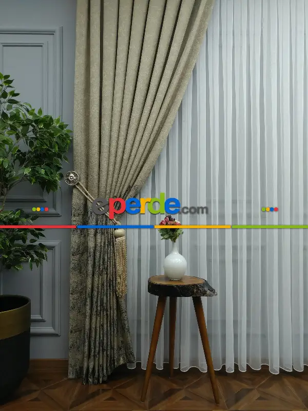 Yatak Odası - PatineDesenli Bej Jakar Fon Perde (180)- Krem Koyu