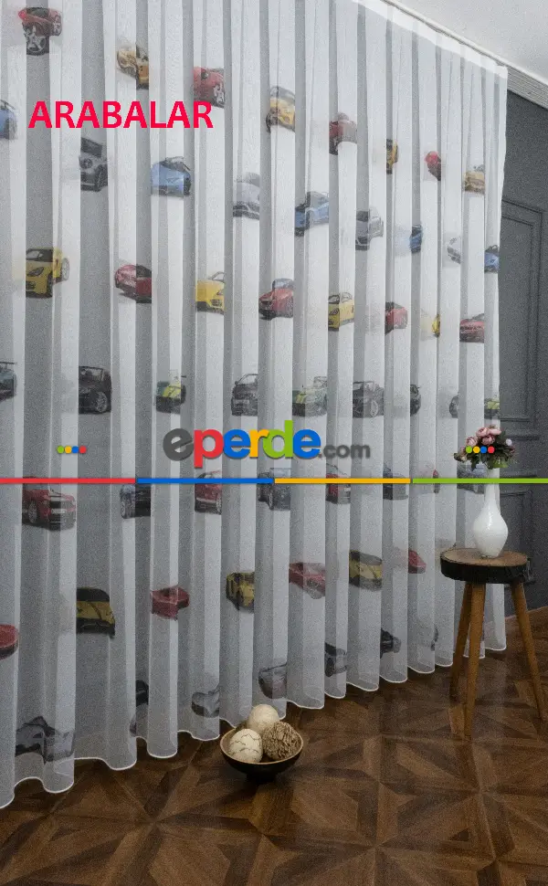 Çocuk Odası - Arabalar Desenli Modern Tül Perde - Elit Ürün