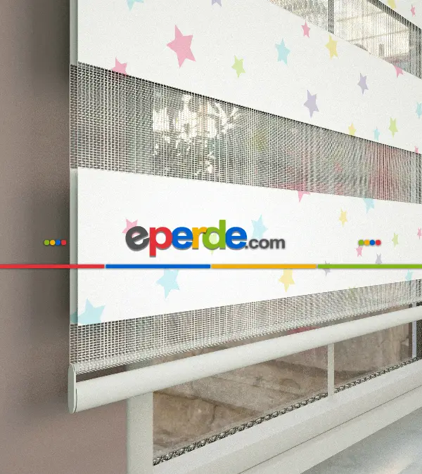 Yıldız Desenli Baskılı Zebra Perde- Çok Renkli