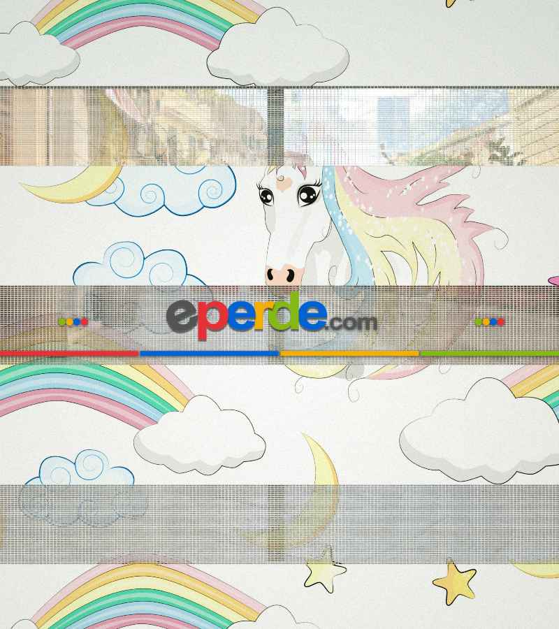 Unicorn Desenli Baskılı Zebra Perde- Çok Renkli