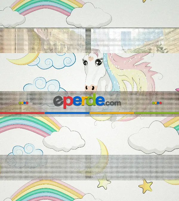 Unicorn Desenli Baskılı Zebra Perde- Çok Renkli