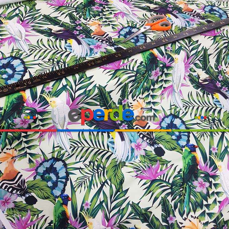 Papağan Ve Tropikal Desenli Fon Perde Evm1093 Kumaşı Kalındır Duck Bezi Değildir- Yeşil-Beyaz