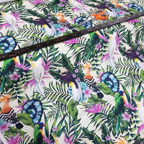 Papağan Ve Tropikal Desenli Fon Perde Evm1093 Kumaşı Kalındır Duck Bezi Değildir- Yeşil-Beyaz