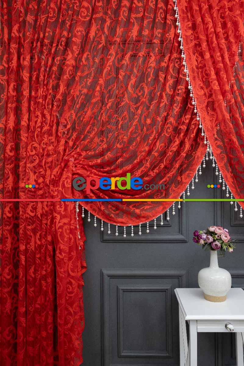 Kırmızı Tül Perde - Sarmaşık Desenli Tül - Kruvaze Model Yanki Tül Perde - Düz Model Seçeneği Var - Örme Tül