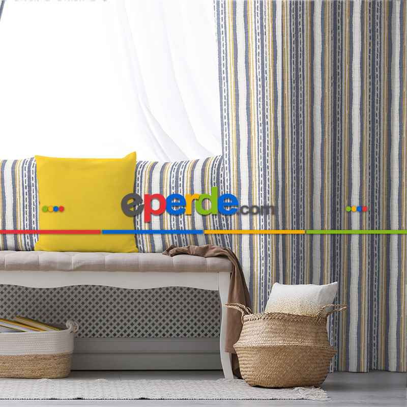 Etnik Fon Perde Evim1538 Kumaşı Kalındır Duck Bezi Değildir- Mavi-beyaz