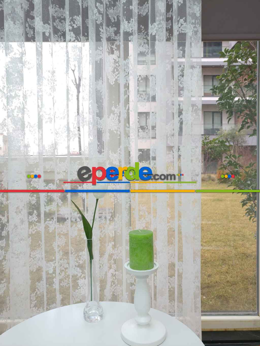 Hazır Ölçülü Bulut Desen Fransız Dantel Örme Tül Perde - Ekru