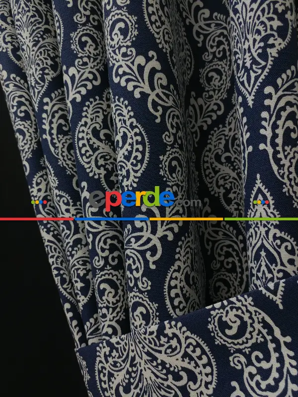 Yatak Odası - Damask Desenli Salon Odası Fon Perde- Beyaz-Mavi Koyu