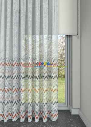 Hazır Ölçülü Genç Odası - Turuncu Mor Zikzak Desenli Keten Zemin Baskılı Tül Perde