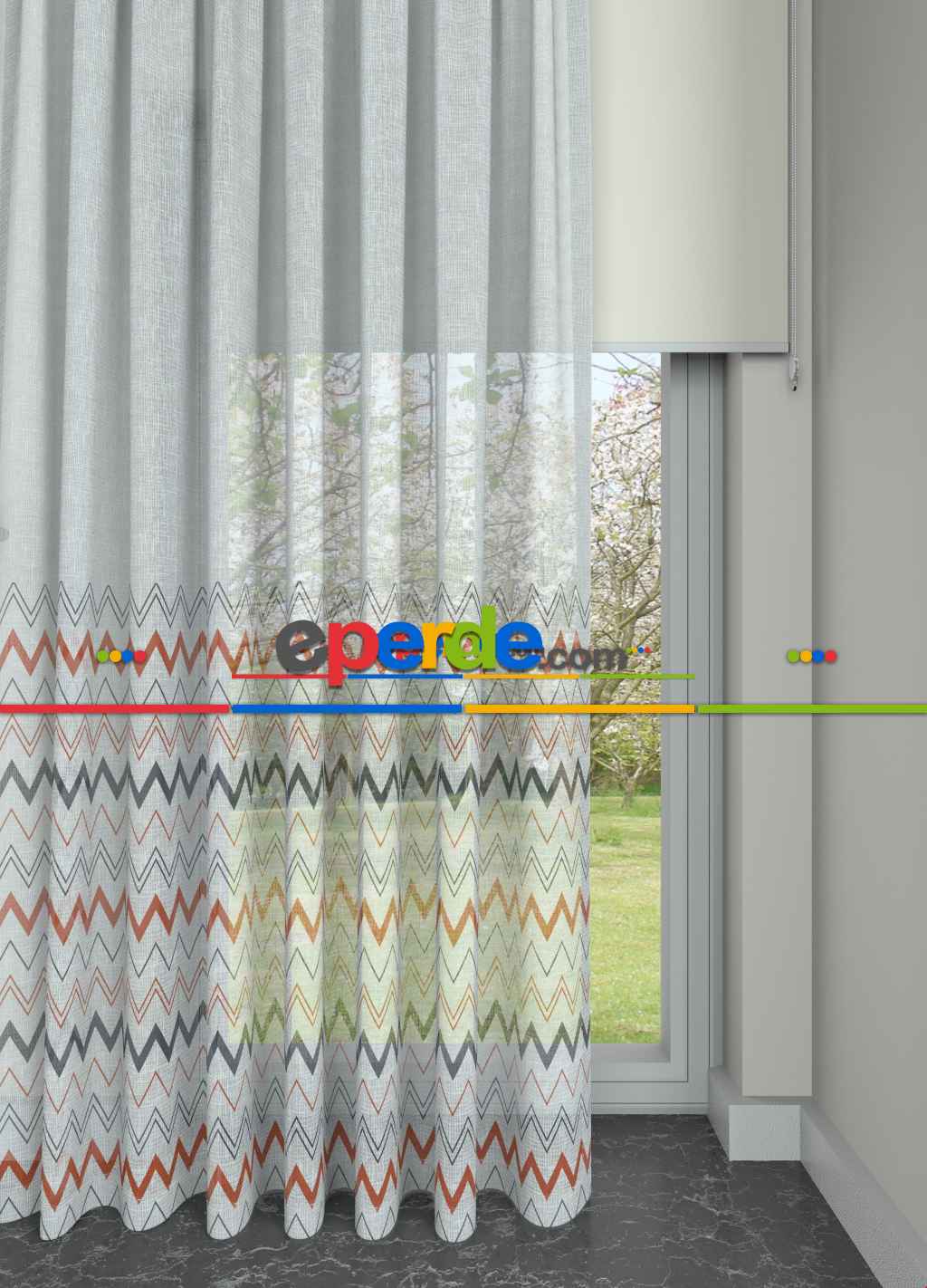 Hazır Ölçülü Genç Odası - Turuncu Mor Zikzak Desenli Keten Zemin Baskılı Tül Perde