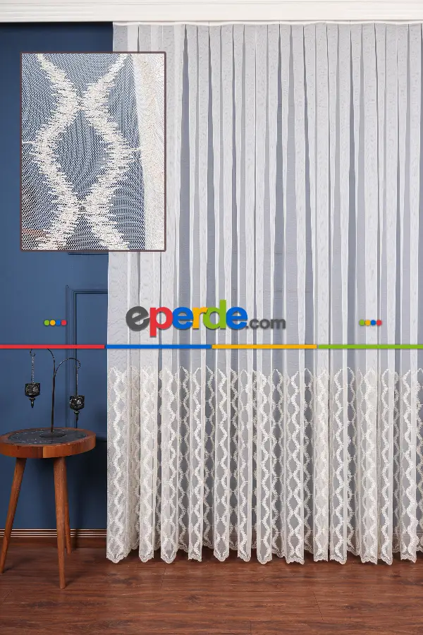 Salon Tül Modelleri - Eteği Duble Nakış Işlemeli Tül Perde