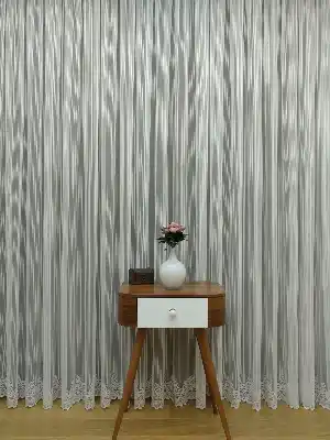 Etek Ucu Desenli Boyuna Çizgili Tül Perde ( Hazır Ölçü 1/2.5 Normal Pile )- Ekru 200cm X 195cm 