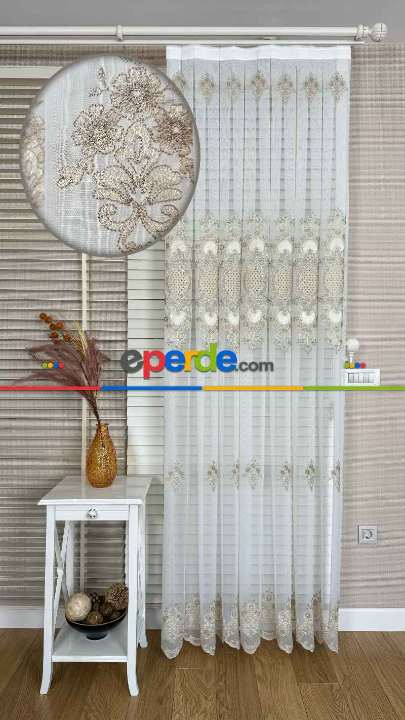 Ekru Altın Özel Dokuma, Özel İplik Brode İşlemeli Tül Perde - Ağır Gramajlı Premium Nakışlı