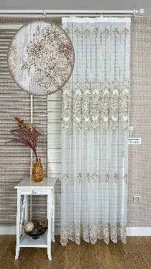 Ekru Altın Özel Dokuma, Özel İplik Brode İşlemeli Tül Perde - Ağır Gramajlı Premium Nakışlı