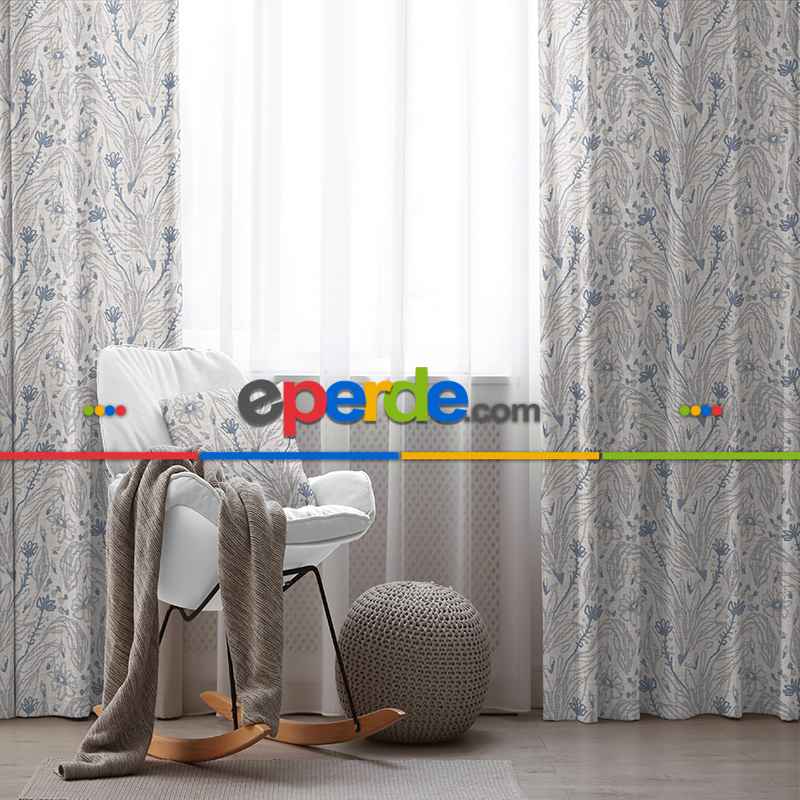 Oturma Odası Fon Perde Evim1598 Kumaşı Kalındır Duck Bezi Değildir- Mavi-beyaz